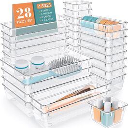 WOWBOX 4-Piece Plastic Drawer Organizer Set, 4 Sizes, Desk Drawer Dividers, Organizers and Storage Containers for Makeup, Jewelry, Bathroom, Office (Clear, 28)