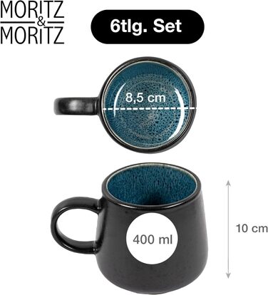 Набір чашок Moritz & Moritz SOLID 6 шт. Чорний/Синій - 400 мл, з кераміки, для кави, чаю, мікрохвильової печі, посудомийної машини
