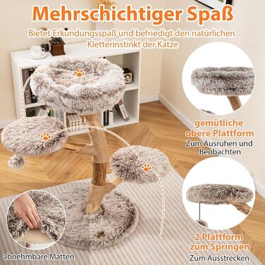 Дерев'яний кігтеточки для котів Costway 90 см, 3 м'які сидіння, джутовий кігтеточки, кігтеточки-вежа, кігтеточки для котів, масивне дерево, білий+натуральний, 1 ствол, 3 яруси