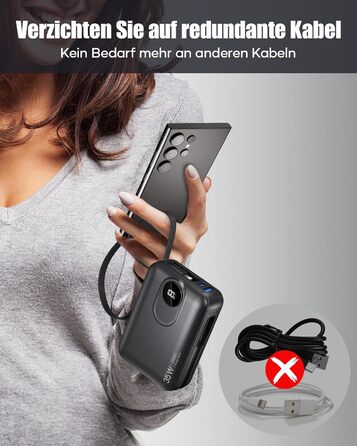 Power Bank 20000mAh з інтегрованим кабелем: швидка зарядка 22.5W, USB C (вхід та вихід), акумулятор для телефону, повербанк з 4 виходами та 2 входами, білий/чорний