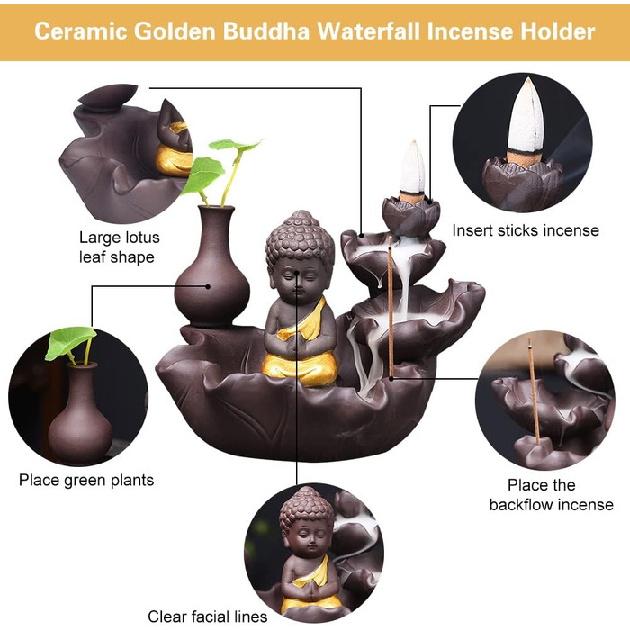 Golden Buddha Waterfall Backflow Incense Burner, Water Fountain Incense Holder, Golden Buddha Censer, Ceramic Incense Burner for Family, Office, Bedroom Decoration