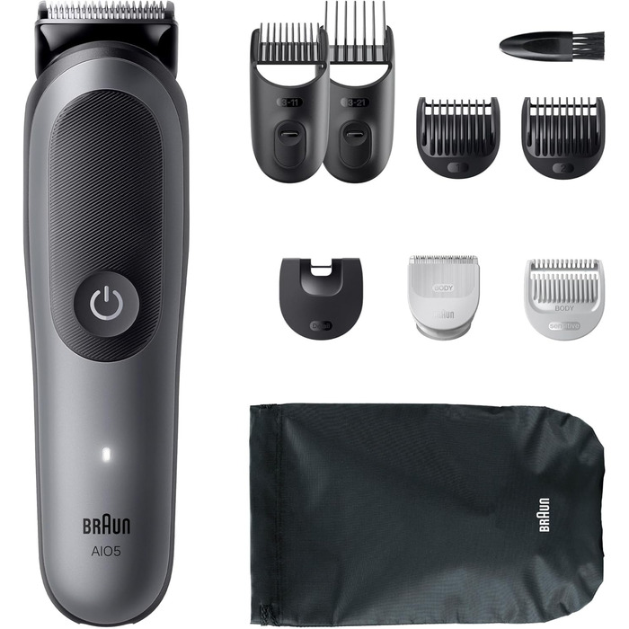 Braun Multigroom Series 5 AIO5545: Триммер для бороди, волосся та тіла 9-в-1, водонепроникний, акумулятор 120 хв, сірий