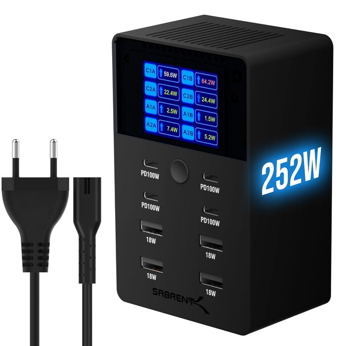 Зарядний пристрій Sabrent USB 60W, 10 портів, швидка зарядка для MacBook, ноутбуків USB-C, iPhone, Samsung Galaxy (AX-TPCS)