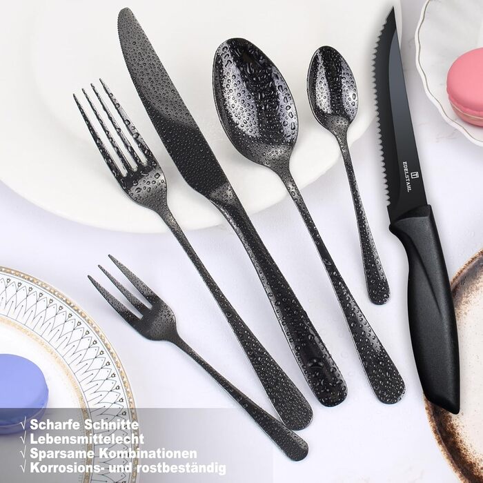 Набір столових приборів на 6 осіб Targzier 36 предметів: ложки, виделки, ножі для стейку. Якісний набір столових приборів з нержавіючої сталі, чорний колір, для сім'ї, вечірки, готелю, придатний для миття в посудомийній машині.