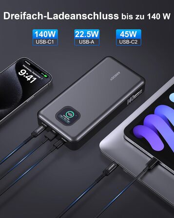 Power Bank 140W, 25000mAh з дисплеєм для ноутбука, MacBook, iPad, iPhone, Switch, Dell XPS (Сірий)