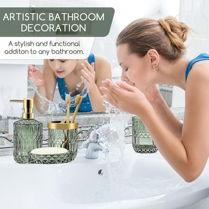 Набір аксесуарів для ванної кімнати скляний 5 предметів Lotionspender, мильниця, тримач для зубних щіток, стакан, декор (Зелений)