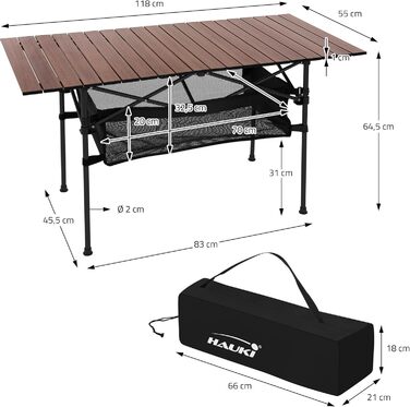 Стіл для кемпінгу Hauki, розкладний, коричневий, 118 x 55 x 64,5 см, алюмінієвий, з мотузковою поверхнею, для відпочинку, саду, балкону, подорожей, ринку, з сумкою, колір: коричневий (темне дерево)