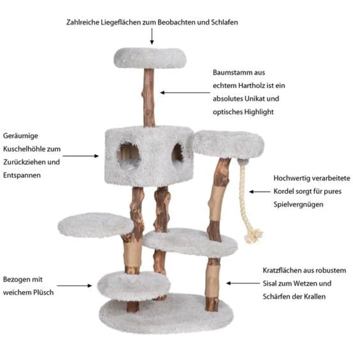Преміум котячий будиночок Dehner Lovely з когтеточками | Будинок, лежанка, когтедрап | Дерево, плюш, сизаль | Для великих та маленьких котів | Стабільний, сучасний, сірий | 80 x 164 x 60 см
