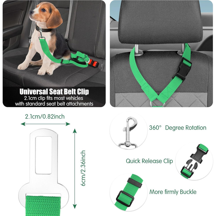 Автомобільний ремінь безпеки для собак, кріплення для тварин у авто, на голову, міцний поводок, шлейка для собак, котів та інших домашніх тварин (зелений)