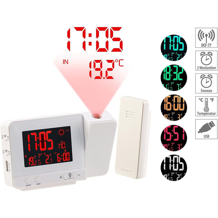 infactory Projection Clocks: Radio Weather Station with Projection Alarm, Outdoor Sensor, and USB, White (Radio Projection Clock, Clock with Projection, Outdoor Temperature Display)