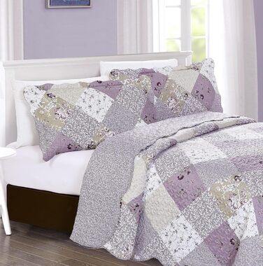 Комплект стеганих ковдр Brilliant Sunshine Grey Heart Love Patchwork (2 шт.) з чохлом для подушки, двостороння покривало, м'яка легка ковдра, всесезонна ковдра для двоспального ліжка (Фіолетовий)
