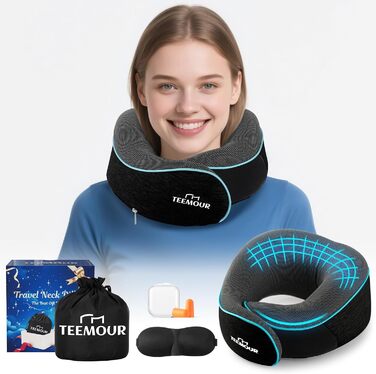 Подушка для шиї у літак з піною Memory Foam - зручна та портативна для подорожей літаком, потягом, автомобілем та у ділових поїздках (чорна)