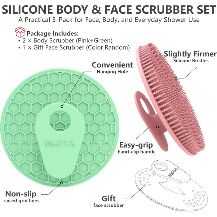 Силіконова щітка для тіла - масажер для душу, для жінок, чоловіків, дітей, чутлива шкіра, рожевий+зелений