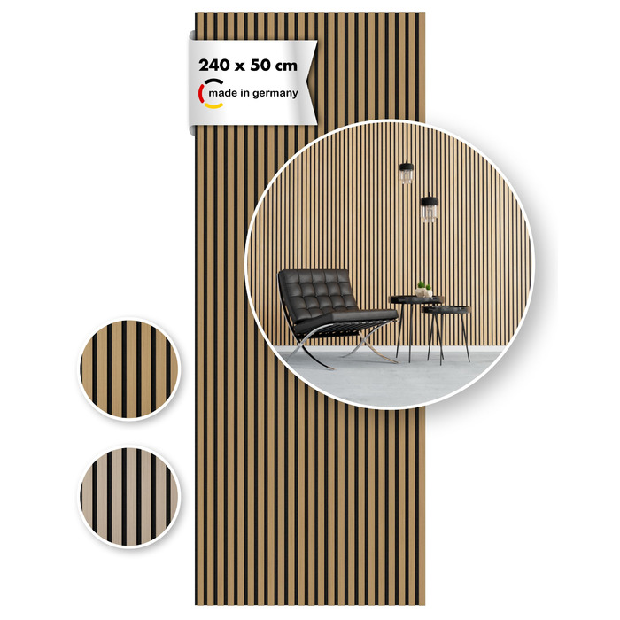 Акустична панель Momento з натурального дуба 240x50 см, 3D ламелі для шумоізоляції стін, колір Дуб Натуральний, чоркий філс, Made in Germany