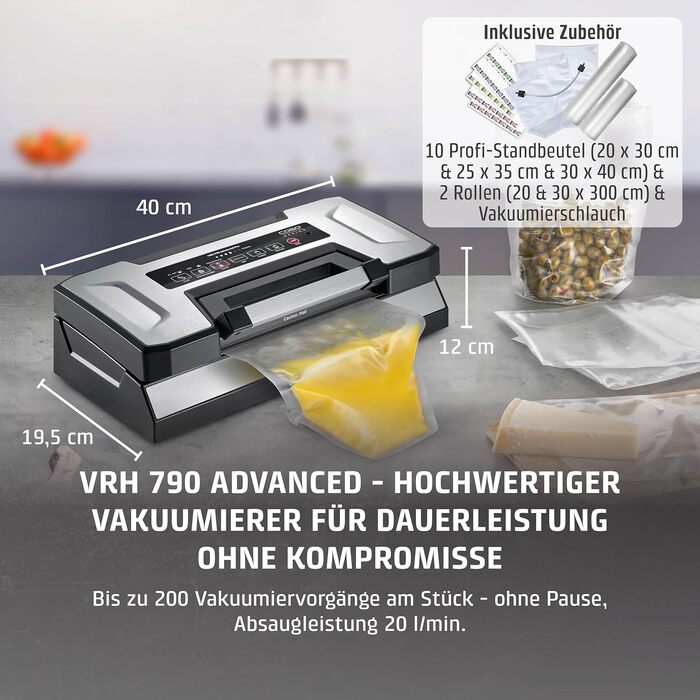 CASO Vakuumierer VRH 790 advanced Pro: Професійний вакуумний пакувальник з висувною камерою, 10 фольгованих пакетів