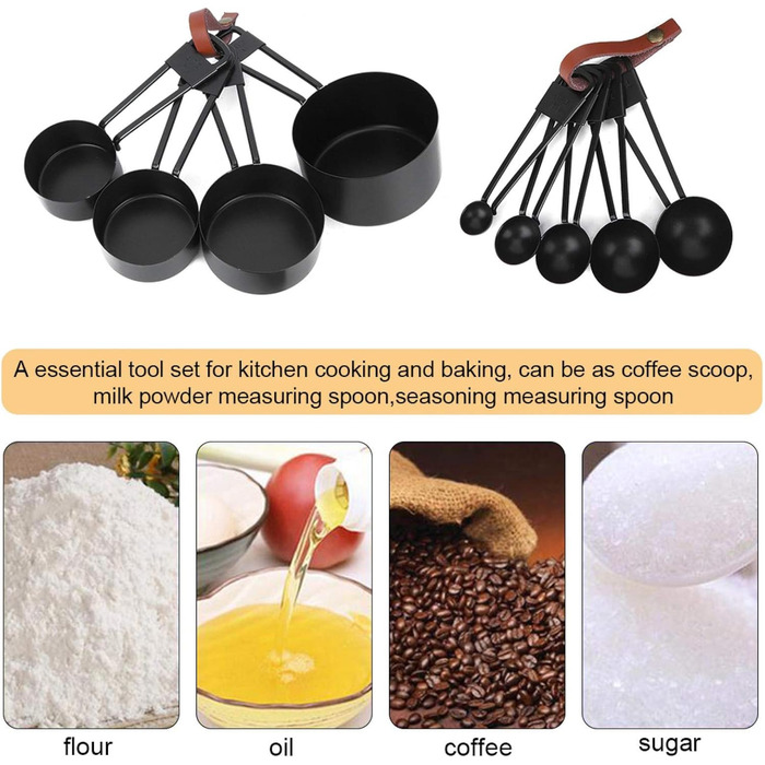 9-Piece Black Measuring Spoon Set, Measuring Cups with Scale for Kitchen, Baking, and Cooking