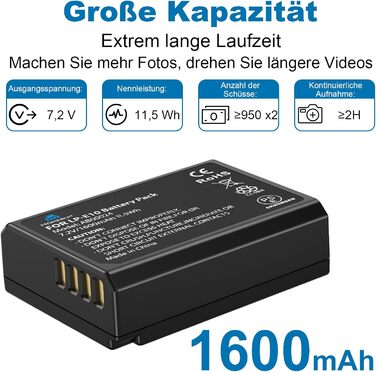 Акумулятор Homesuit LP-E10 1600mAh та LED-зарядний пристрій для Canon EOS 1100D, 1200D, 1300D, 2000D, Rebel T3, T5, T6, T7, Kiss X50, Kiss X70 (2 шт.)