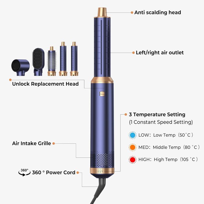 Фен-щітка 5 в 1 Airstyler Pro 1000W з регулюванням напрямку повітря, іонізація, для створення об'єму, локонів та укладання волосся, Blaugold