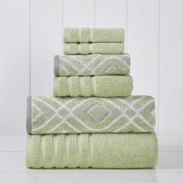 Amrapur Overseas Modern Threads Towel Set, 6-Piece, Oxford Stripe, Jacquard/Solid, Ultra-Soft, 500 g/m², 100% Combed Cotton, Sage Green Standard Gray-Green