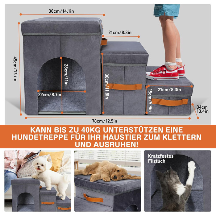 Zonema Dog Stairs, Dog Stairs for Small Dogs, Waterproof Dog Stairs 40 cm High, Injury Prevention High-Quality Sponge Cat Stairs, Non-Slip Washable Dog Ramp for Sofa Bed Car (Pet Stairs 3 Steps, Grey)