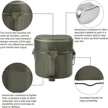 Набір посуду Bundeswehr: термостійкий, для кемпінгу, приготування їжі на відкритому повітрі, з алюмінію, для виживання, армійського користування. Включає столові прибори з відкидним ручками.