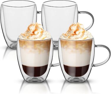 Набір 4 склянки для кави з подвійними стінками, 350 мл, з ручкою, з боросилікатного скла, для лате макіато, капучино, молока, чаю