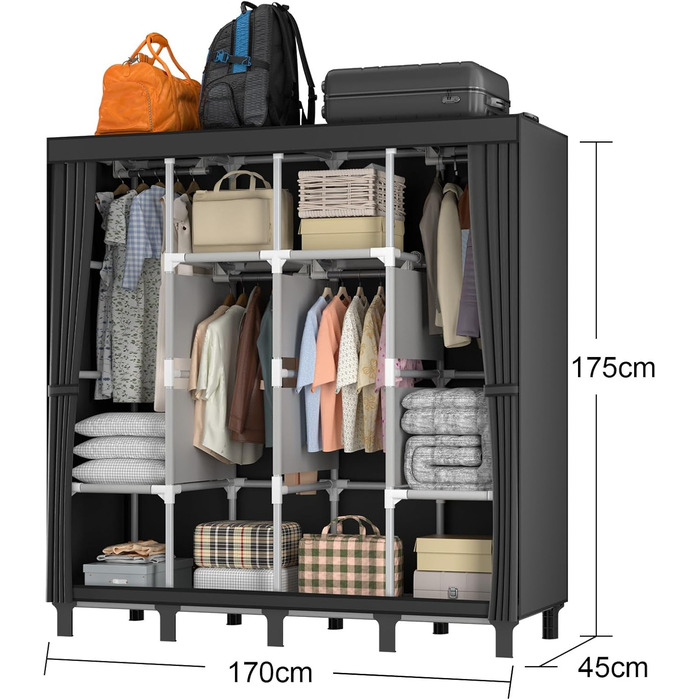 LOEFME Wardrobe 170 * 175 * 45cm, Fabric Wardrobe for Bedroom, Clothes Wardrobe Fabric, Fabric Clothes Wardrobe with 2 Hanging Rails (Black)