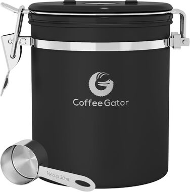 Контейнер для кави Coffee Gator з нержавіючої сталі, герметичний, з датчиком дати, CO2-вентилем, ложкою, для кавових зерен, кавової гущі, горіхів, чаю, цукру (Чорний, M)