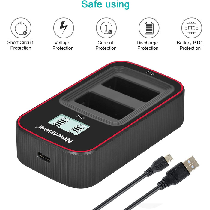 Зарядний пристрій Newmowa з LCD-дисплеєм Dual USB для Canon LP-E17 (EOS M3, M5, M6, 200D, 250D, 750D, 760D, 800D, Rebel T6i, T6s, 8000D, 9000D, Kiss X8i, Kiss X9, Rebel SL3)