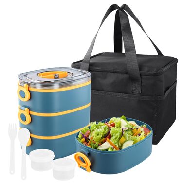 Набір ланч-боксів 3 в 1 з відділеннями, бенто-бокс 2800 мл з сумкою, водонепроникний ланч-бокс 3 яруси, контейнер для перекусу з роздільниками, столові прибори, ланч-бокс для дітей та дорослих, без BPA, підходить для мікрохвильової печі (блакитний)