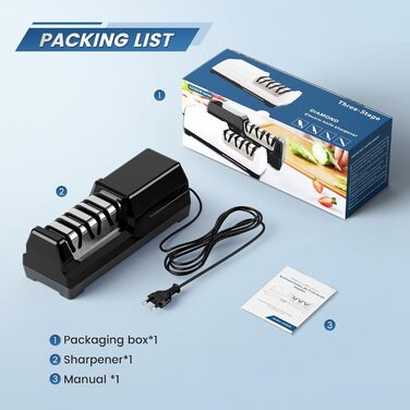 Електричний точило для ножів професійний 3-ступеневий з захистом від перегріву, тихий мотор, швидкий для кухонних ножів (чорний)