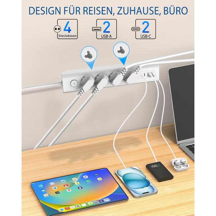 Мережевий фільтр Steckdose 8 в 1 з USB, 3680W з вимикачем, 16A з 2 USB-C, для смартфонів, ноутбуків, iPad, білий кабель 1.8м