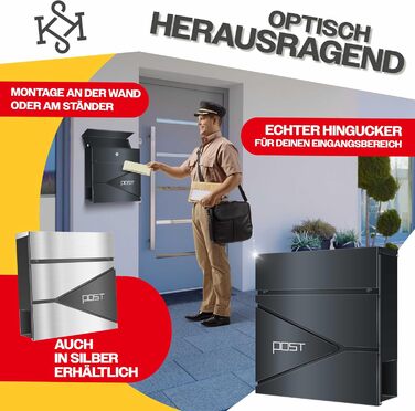 Поштовий ящик KESSER з газетницею, нержавіюча сталь, сріблясто-антрацитовий, 2 ключі, настінний монтаж, з м'яким закриттям кришки, комплект для кріплення