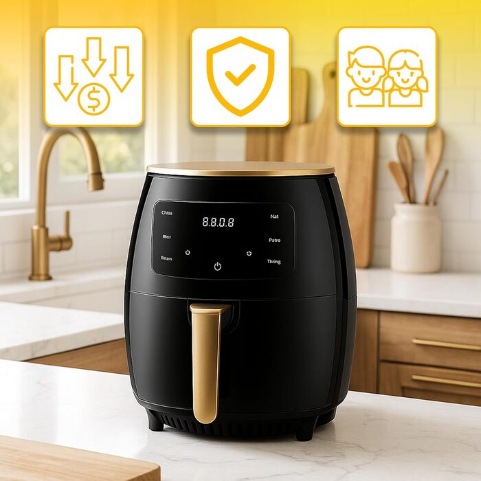 Аерофритюрниця Retoo 6.5л 1800Вт, 10 програм, до 200°C, сенсорне управління, не потребує олії, чорний/золотий