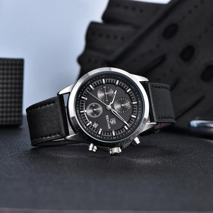 Годинник чоловічий BENYAR Chronograph Аналоговий Кварц Водостійкий Світлячий з датою. Модний бізнес-стиль для чоловіків (Чорний)