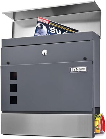 Поштовий ящик Verda з газетницею, нержавіюча сталь, антрацит, 37x37x11 см - дизайнерський вуличний ящик з вікном, ключами та табличкою для імен