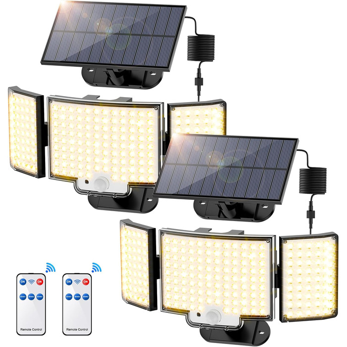 Сонячні ліхтарі для вулиці з датчиком руху, 212 LED, 3 режими, водонепроникні IP65, настінні LED прожектори для саду, комплект 2 шт. (холодне/тепле світло)