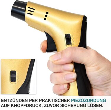 Набір кулінарного пальника TOM Jetflame (Золотий) з балоном бутану: професійний газовий пальник з замком безпеки для кухні, кемпінгу та майстерні, багаторазовий