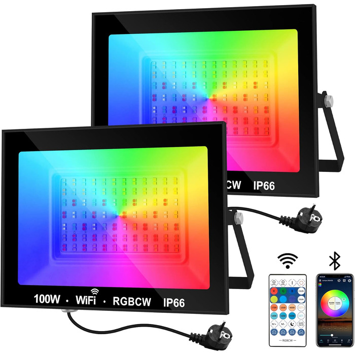 LED Floodlights Outdoor, 100W Smart RGB Floodlights with Remote Control and Bluetooth App, LED Floodlight Spotlights Color Changing Projector, IP66 Waterproof Floodlight for Gardens, Patios (2 Pack)