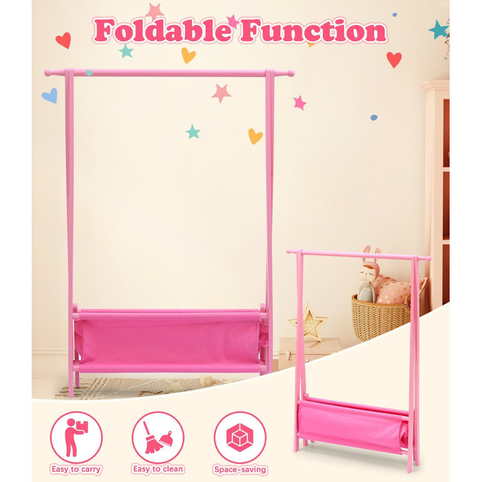 Relquorax Bamboo Children's Clothes Rack with Storage Bag and Clothes Rail, Dress-up Stand, Small Wardrobe Rack, for Costumes in Children's Rooms (Pink)