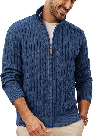 Кардиган чоловічий PJ PAU JONES з коміром-стійкою та блискавкою, в'язаний візерунок, колір морської хвилі (XXL, Indigo)