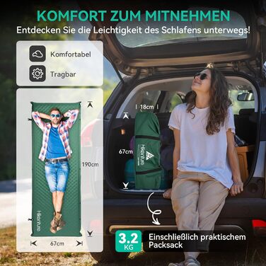 Каремат HIKENTURE самонадувний, 10 см товщини, для кемпінгу, туризму та подорожей (темно-зелений)