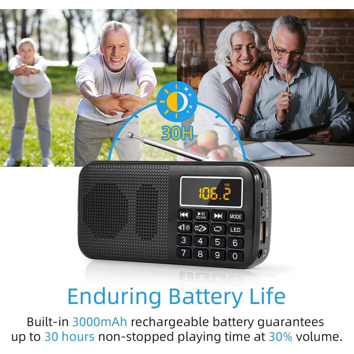 PRUNUS J-725 FM/UKW радіо: цифрове, з акумулятором 3000mAh, портативне, з USB/SD/TF/AUX, радіо-годинник, з аварійним освітленням (чорний)