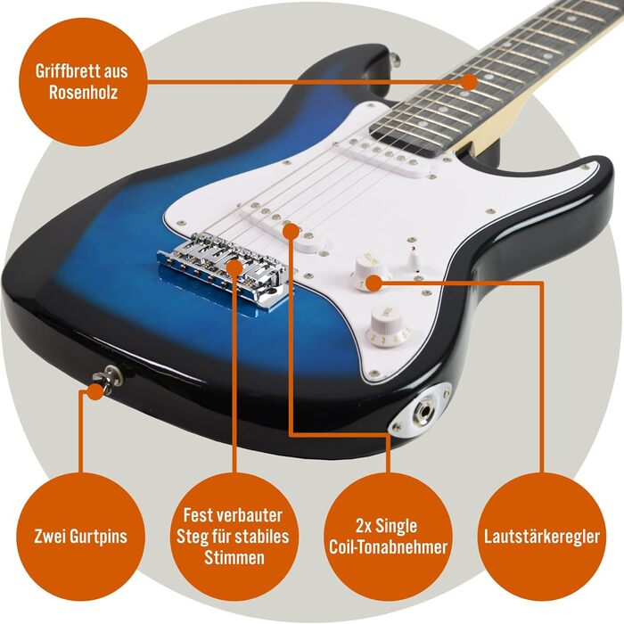 Електрогітара 3/4 розміру 3rd Avenue XF Ultimate Kit з підсилювачем 10W, тюнером, кабелем, стійкою, Gigbag, ременем, запасними струнами, медіаторами, каподастром - Початковий набір, блакитний