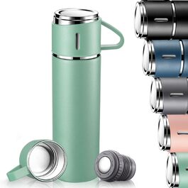 Stainless Steel Thermos Flask with Cup and Handle - 500ml Insulated Travel Mug - Leakproof, Double-Walled, Vacuum-Sealed - Keeps Hot/Cold for 12 Hours - for Kids, Sports, Outdoors (Black, Green)