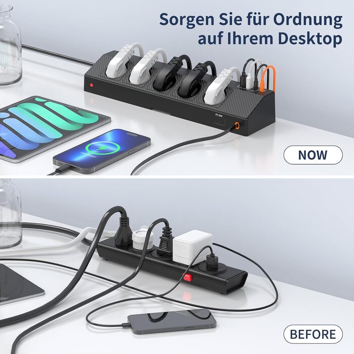 Настільний мережевий фільтр з 5 розетками та 2 USB-C (PD 30W), подовжувач з вимикачем, 4000W, кабель 2м, чорний