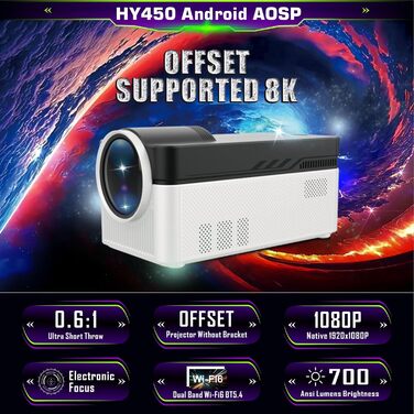 LQWELL HY300 PRO Mini Beamer: портативний проєктор 4K, Android 11, WiFi 6, Bluetooth 5.0, Airplay/Miracast, для Android/iPhone/PC/Mac/Switch (білий)