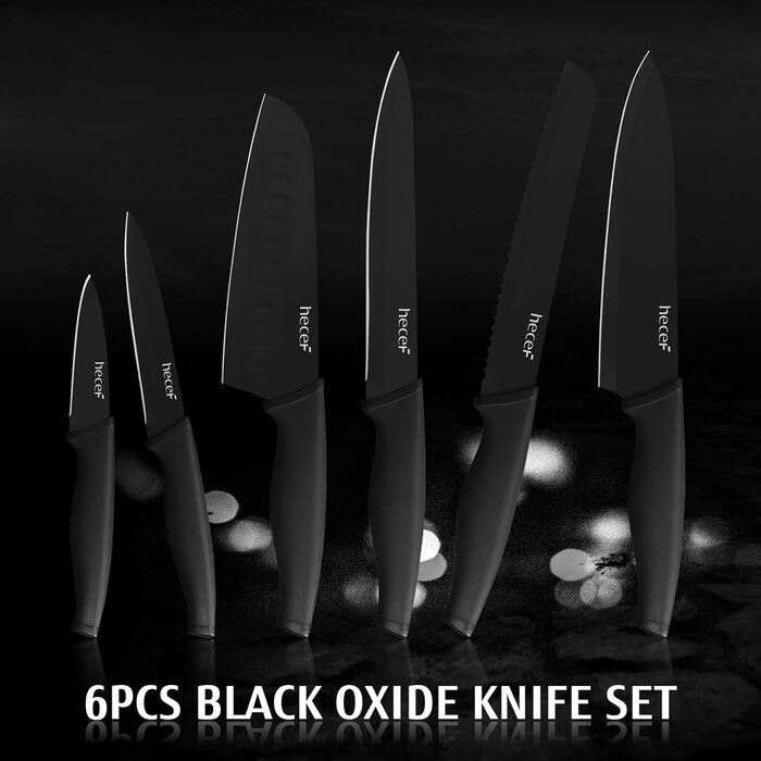 Набір ножів Hecef 6 шт. з захисними піхвами, чорний оксидований, стійкий до подряпин та іржі, антипригарне покриття