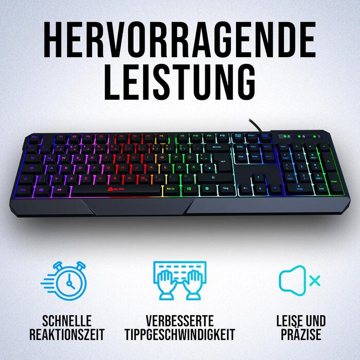 KLIM Chroma - ігрова клавіатура QWERTZ DE з підсвічуванням RGB, USB, водовідштовхувальна, ергономічна, для PC, Mac, PS5, PS4 - чорна