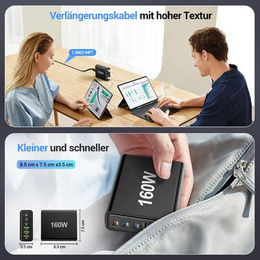 Зарядний пристрій USB 160W, 6 портів (USB-C, USB-A) – мережевий адаптер для ноутбука, смартфонів, iPad, навушників, чорний